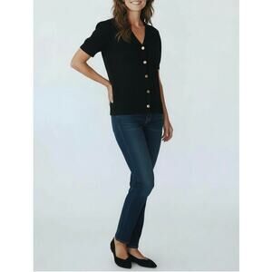 St. John Short Sleeve Cardigan Sweater Medium Black Button Front Knit Preppy